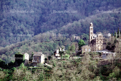 Village, buildings, homes, houses, hill, hillside, church, tower, forest