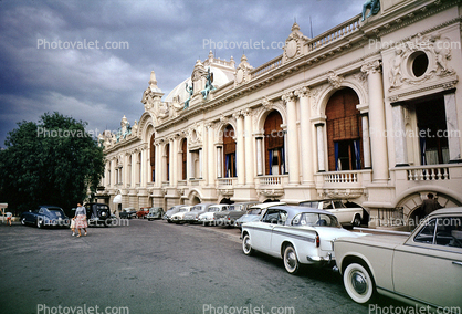 Unique Building, cars, palace, mansion, 1950s