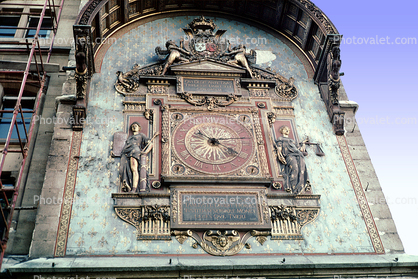 Conciergerie Clock, outdoor clock, outside, exterior, building, bas-relief sculptures