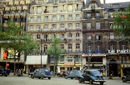 Cinema et Publicite, Heyraud, Marie Firance, Citroen 2CV, Renault Cars, automobile, vehicles, Champs Elysees, May 1959, 1950s