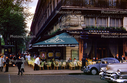 Corner Cafe, Rue De La Paix, Citroen 2CV, Cadillac, Sidewalk, May 1959, 1950s, car