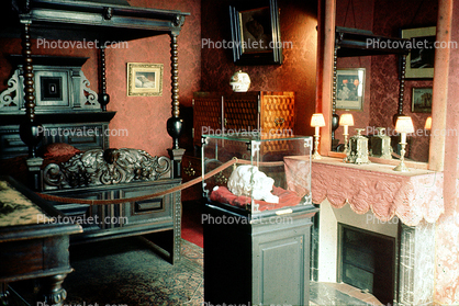 Bed, Interior, Fireplace, lamps, canopy, mirror