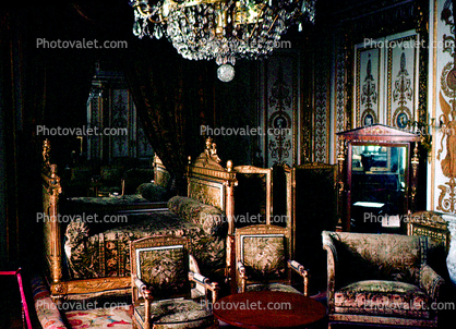 Bed, Chandelier, Chairs, Interior, inside, ornate
