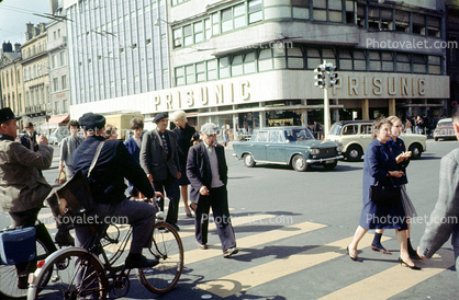 Prisunic, Crosswalk, Crowds, Cars, Automobile, Vehicles, 1950s