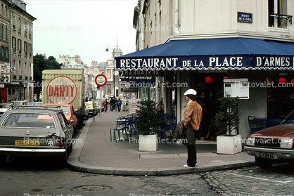 Restaurant de la Place D'Armes, cars, sidewalk, curb, September 1971