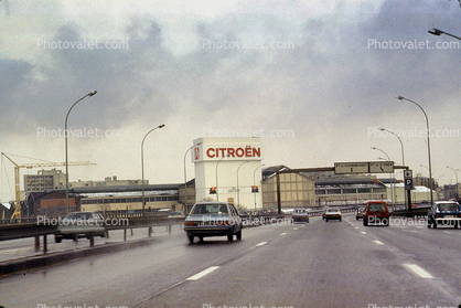 Citroen building, cars, highway, road, December 1985