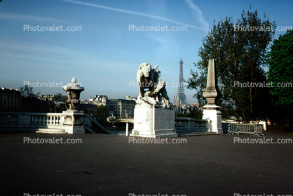 Lion Sculpture, skyline, cityscape, Eiffel Tower, May 1978