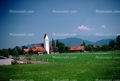 Church Tower, buildings, hills, mountains