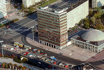 Haus des Lehrers, Berliner Congress Center, Office building, dome roof, street, buses, Otto-Braun Street, Munzstasse, Alexanderplatz, Berlin