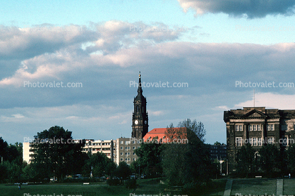 church, steeple, clock tower, buildings, Dresden