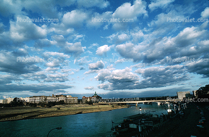 river side, cumulus clouds, buildings, bridge, Elbe River, Dresden
