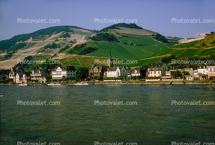 Town, village, hills, hillside, Homes, Houses, Rhine River, Northwestern Wiesbaden, (Rhein), 1950s