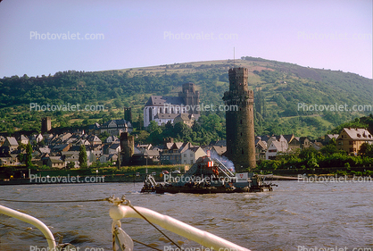 Castle, Town, Homes, Houses, Turret, Rhine River, South of Koblenz, (Rhein), Tower, 1950s