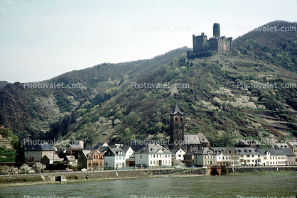 Castle, Homes, Houses, Village, Town, Hilltop, Mountains, Rhine River, (Rhein), May 1970, 1970s