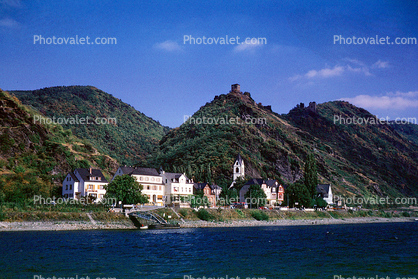 Castle, Homes, Houses, Village, Town, Hilltop, Mountains, Rhine River, (Rhein)