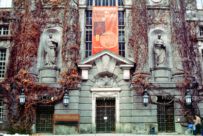 Statues, Door, Doorway, Ivy, Museum, Banner, Staatsbibliothek, Berlin State Library, Prussian Cultural Heritage Foundation, Haus Unter den Linden