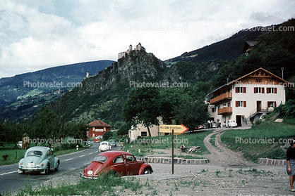 Volkswagen Bug, Castle, Hilltop, Mountains, cars, automobiles, vehicles
