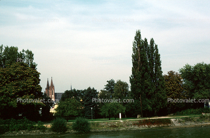 Cathedral, Trees, north of Mainz, Rhine River, (Rhein)