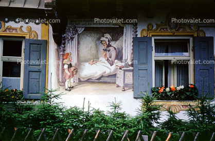 Little Red Riding Hood, Grandma, Grandaughter, Bed, Fairytale, Oberammergau, Bavaria, Garmisch-Partenkirchen, L?ftlmalerei, Wall Art, Luftlmalerei, wall-painting, August 1959