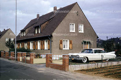 White Finned 1959 Cadillac, Whitewall Tires, car, Moers, Germany, August 1959, 1950s