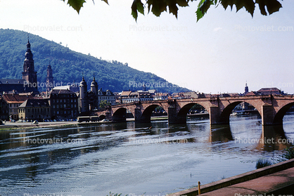 Karl Theodor Bridge, Alte Br?cke, Neckar River, mountains, August 1959
