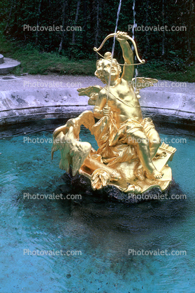 Golden Statue, bow and arrow, angel, gilded, Water Fountain, aquatics, Cupid, Linderhof Palace, Schloss, Museum, Ettal, Bavaria