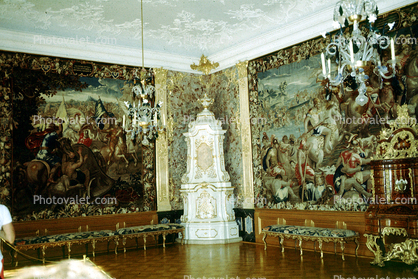 Mural, Chandelier, ornate room, decorated, bench