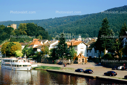 Docks, Cars, Waterfront, Village, Neckar Steinach, River Neckar, Castle, Wall, Homes, Houses, Hillside, Forest, Woodland, Trees
