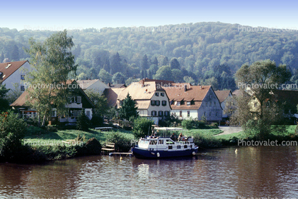 Neckar Gemuend, Dock, Waterfront, Homes, Houses, Buildings, Water, Hills, Hillside, Forest