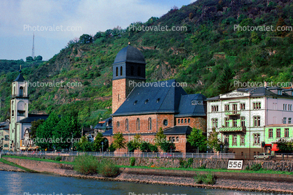 Burg Katz, Kilometer 556, Stadtmuhle, Church, Cathedral, Home, House, Village, Town, Hill, Mountains, Rhine River Gorge, (Rhein), Rhine River