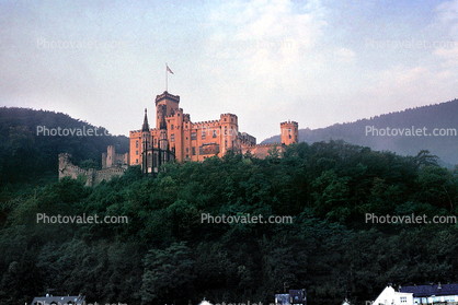 Stolzenfels Palace, red Castle, Hilltop, Mountain, forest, fortress, Rhine River, (Rhein)