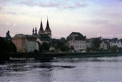 Church, buildings, riverfront, Koblenz, Mosel River