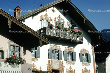 Home, House, Balcony, Shutters, Windows, Oberammergau, Garmisch-Partenkirchen, Bavaria, L?ftlmalerei, Wall Art, Luftlmalerei, wall-painting