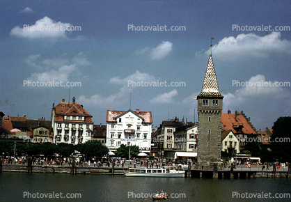 riverfront, boat, dock, Tower, buildings, Lindau