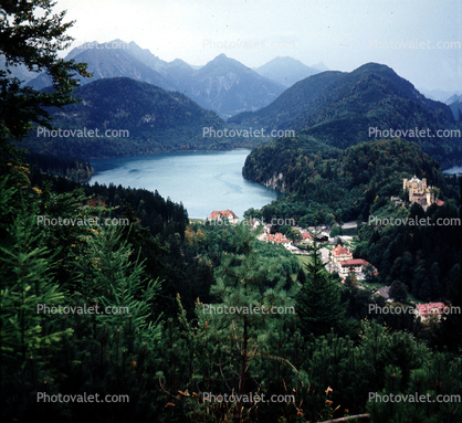 Hohenschwangau Village, on left, Schloss Hohenschwangau, on right, Bavaria, Castle, Alps, Alpsee Lake, Schwangau