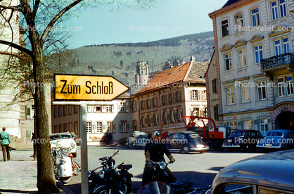 Zum Shloss, (to the castle), cars, vehicle, automobile, Heidelberg, 1950s