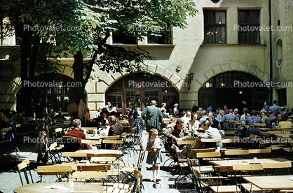 Biergarten, beer garden, Munich, tables, patrons, beergarden
