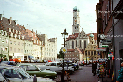buildings, sidewalk, parked cars, church, cathedral, automobile, vehicles, Garmisch, Bavaria, June 1979, 1970s