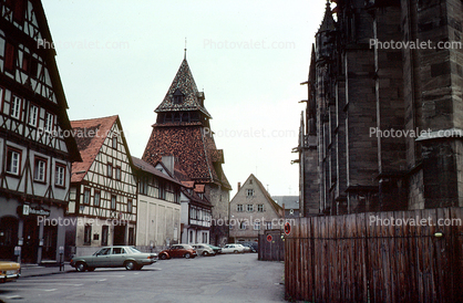 Pyramid building, cars, skyline, vehicle, automobile, Garmisch, Bavaria, June 1979
