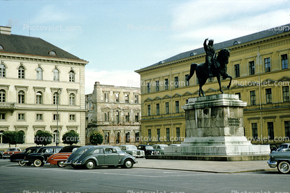 Statue, Monument, Landmark, Parked Cars, Bamberg, April 12 1957, 1950s