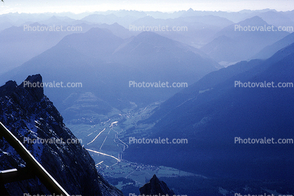 valley, mountains, smog, haze, smaze, Bavaria, Bavarian Alps, September 1970