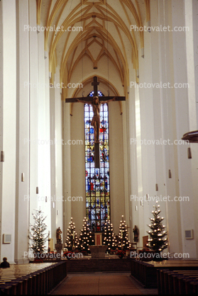 Stained Glass Window, Altar, Cross, Church Interior