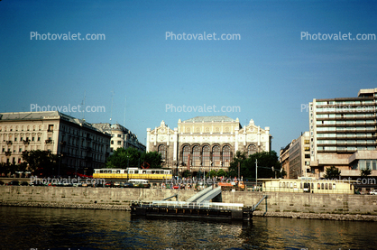 Trolley along the Danube River, palace, building, dock, seawall, wall, Budapest