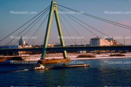 Megyeri Bridge, Cable Stayed Bridge, Pusher Tugboat, Danube River, Budapest