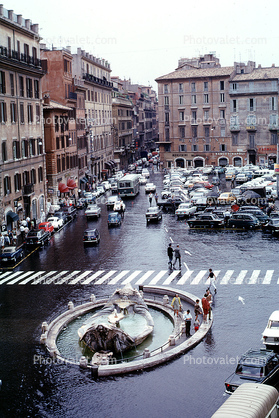 Fontana della Barcaccia, Piazza di Spagna, Water Fountain, aquatics, Parked Cars, Crosswalk, Building, rain