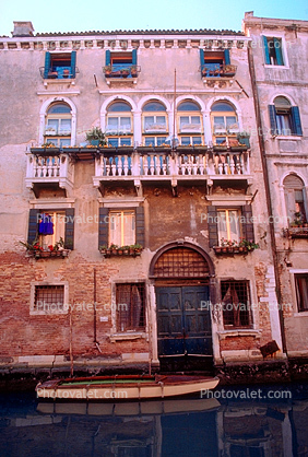 Boat Docked at Front Door, Residence Building, windows, Venice