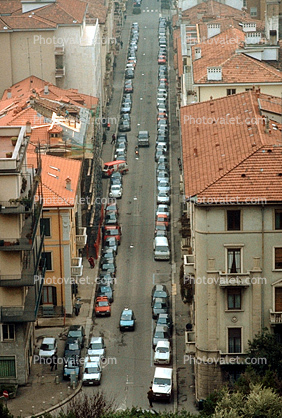 Alta Cha Street with Red Roof Buildings, parked cars, Burgamo
