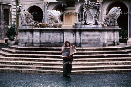 Man Reading a Newspaper, Water Fountain, aquatics, Steps, Stairs, ornate sculpture, Rome, landmark