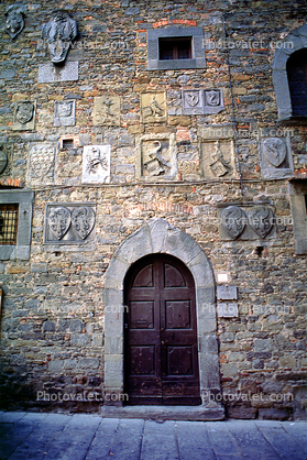 Wall, door, doorway, shields, brick wall, stone, Cortona, Arezzo, Tuscany, Italy