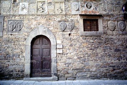 Wall, door, doorway, shields, brick wall, stone, Cortona, Arezzo, Tuscany, Italy